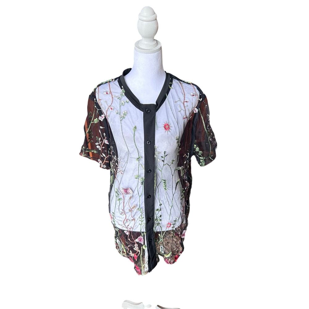 Embroidered Floral Sheer Mesh Button-Down Top